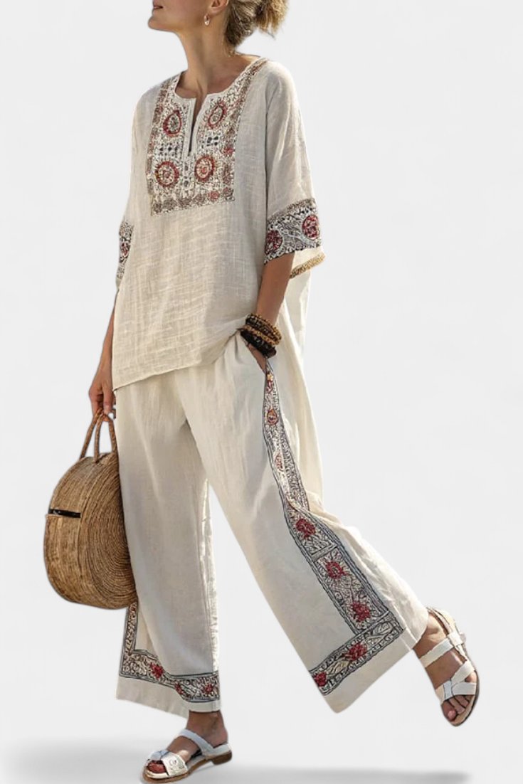 Tameric | Blusa Grezza Ricamata e Pantaloni Ampi