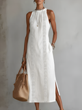 Bianca - Vestito midi in lino con collo mao