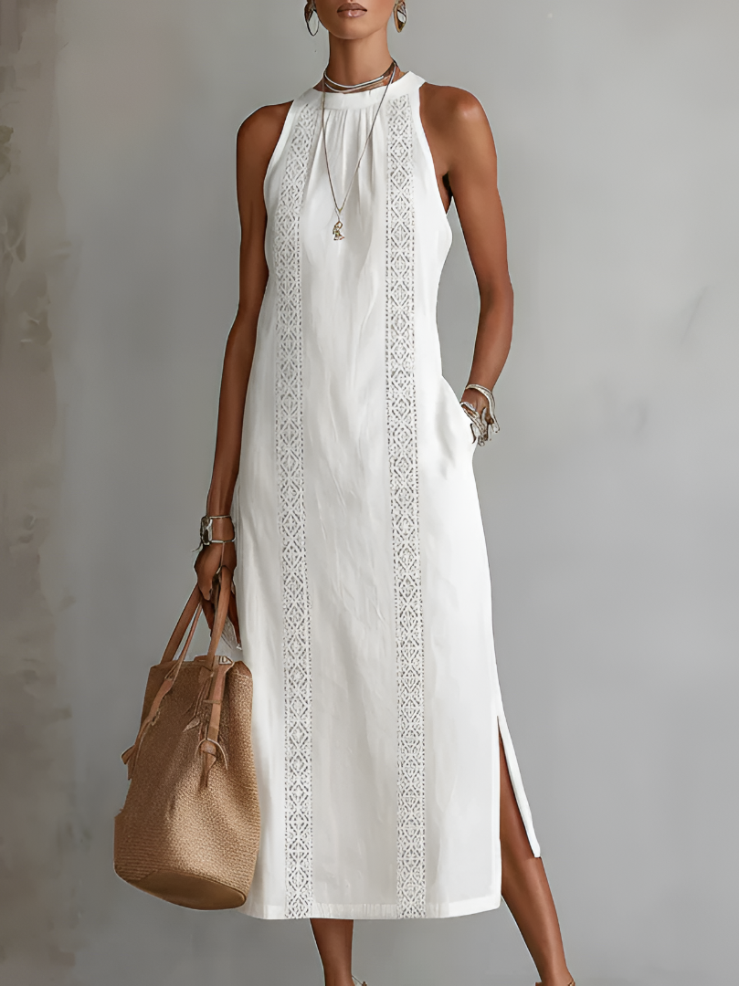 Bianca - Vestito midi in lino con collo mao