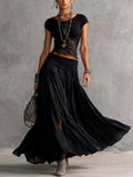 Top Nero in Pizzo Trasparente con Pannelli e Gonna Maxy Plissettata