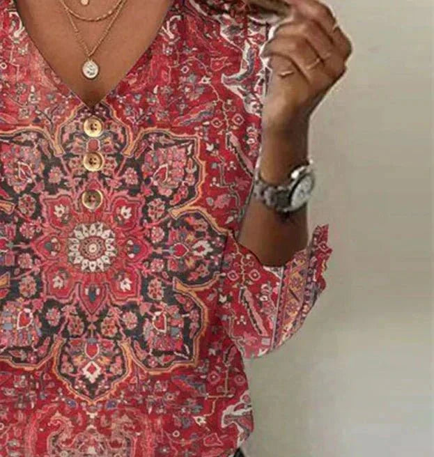 Arabella | Top V-Neck a Manica 3/4 con Stampa Rossa