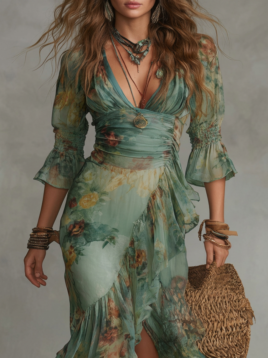 Abito Maxi in Chiffon Verde Erba con Rouches Irregolari e Spacco