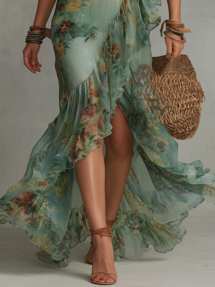 Abito Maxi in Chiffon Verde Erba con Rouches Irregolari e Spacco