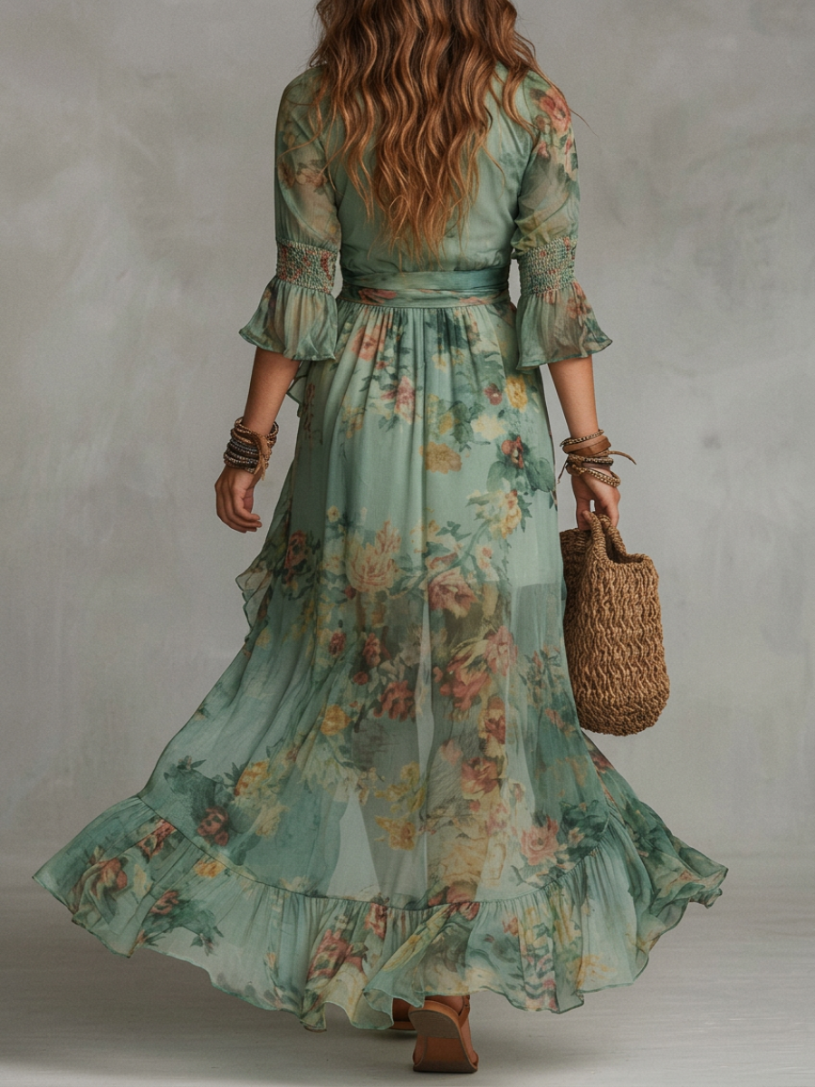 Abito Maxi in Chiffon Verde Erba con Rouches Irregolari e Spacco
