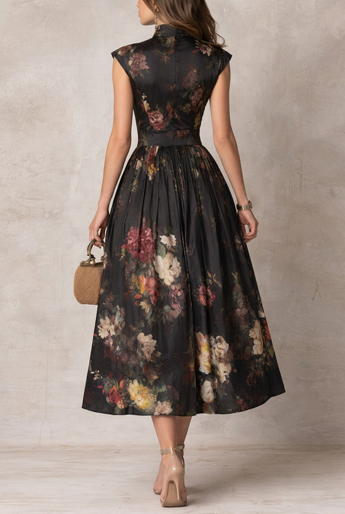 Abito Midi in Satin Pieghettato con Collo a Chiave Nero