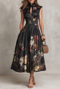 Abito Midi in Satin Pieghettato con Collo a Chiave Nero