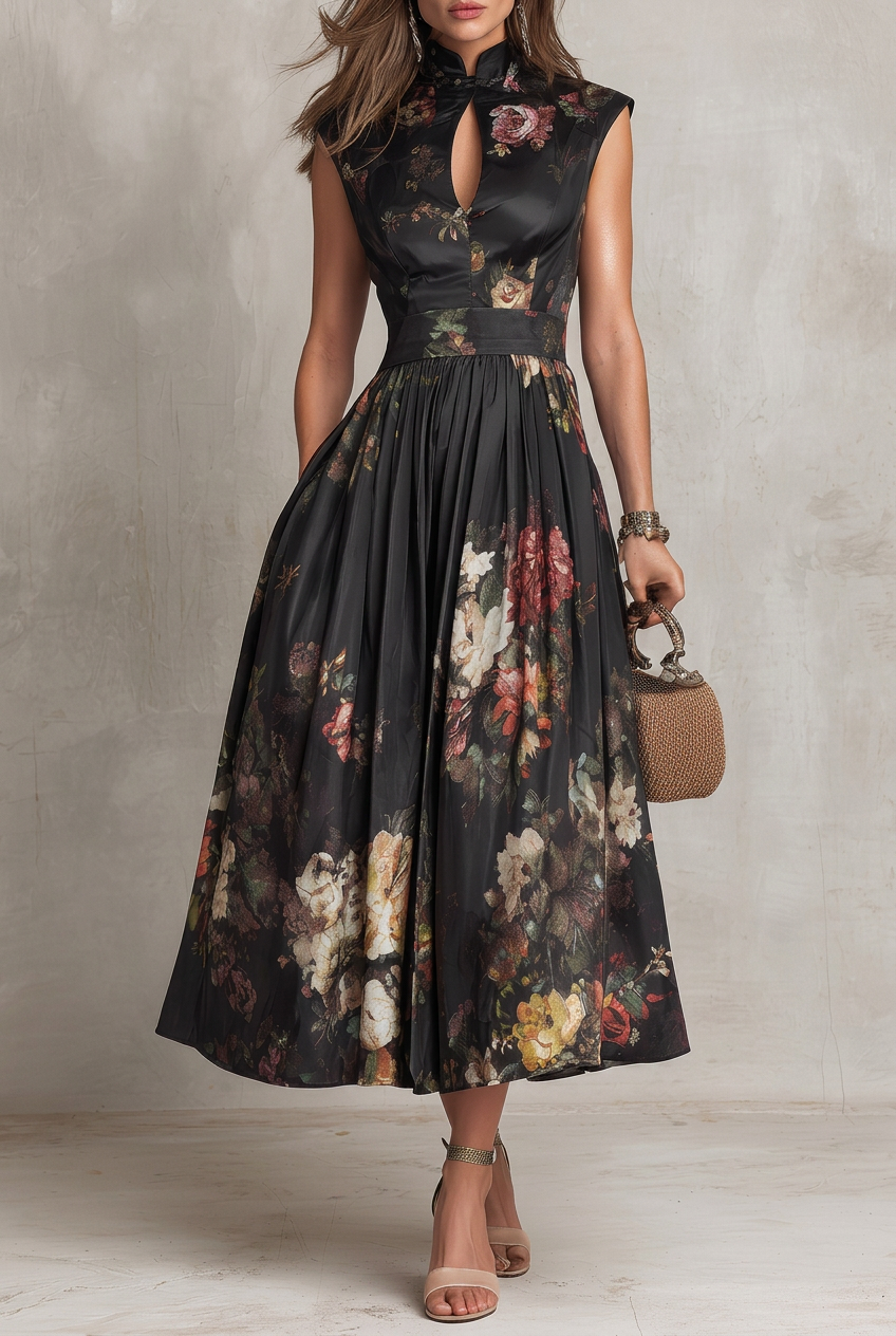 Abito Midi in Satin Pieghettato con Collo a Chiave Nero