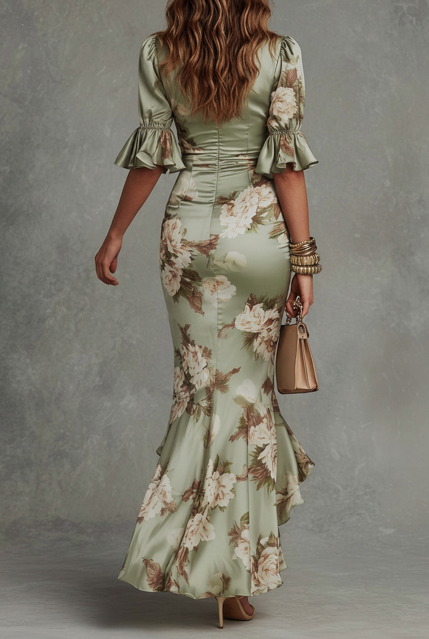 Abito Maxi Asimmetrico in Raso Verde con Maniche a Campana Ruffle e Scollatura a V