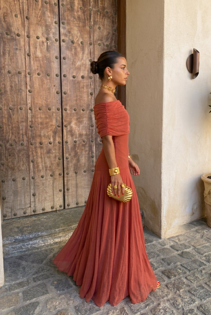 Abito Positano — Drappeggiato Monospalla in Terracotta