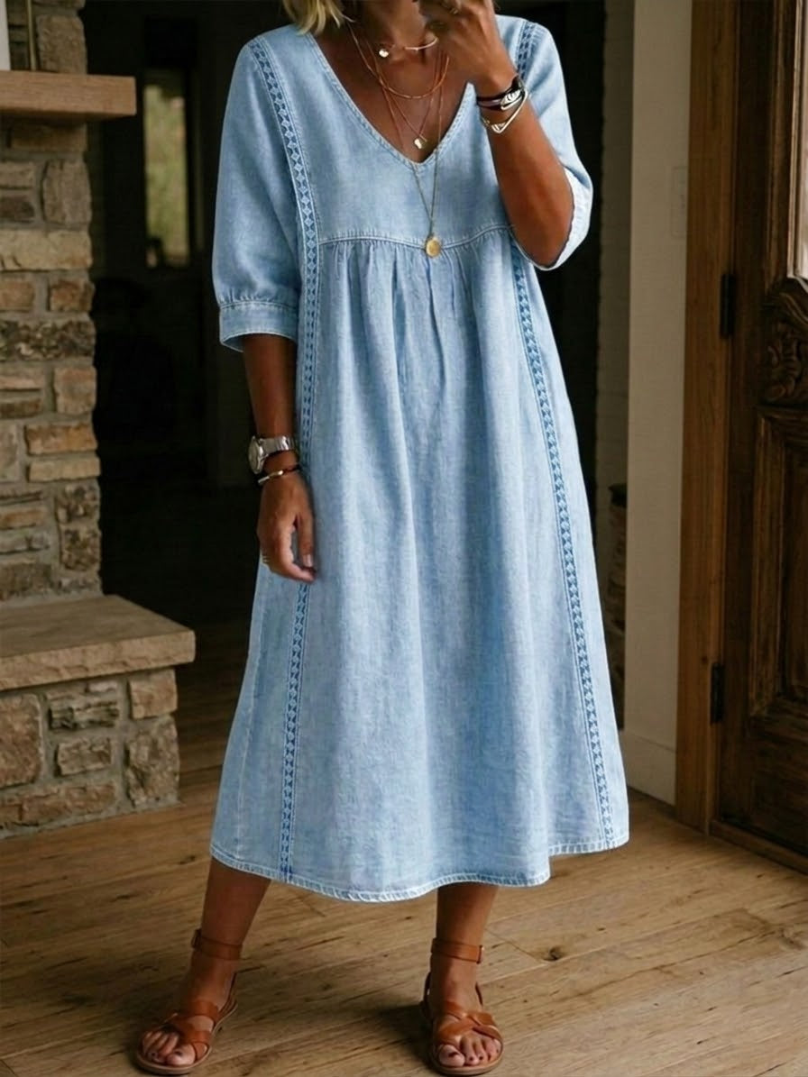 Abito in Denim con Pizzo per Donne – Vestito Casual in Denim Vintage a Vestibilità Larga