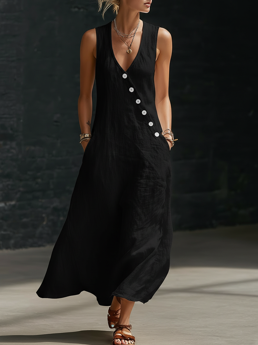 Graziella™ – Abito Maxi con Bottoni e Scollo a V