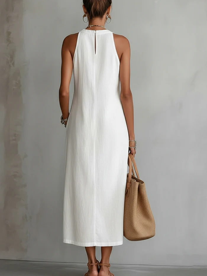 Ruth | Abito Maxi in Stile Lino con Collo Mao