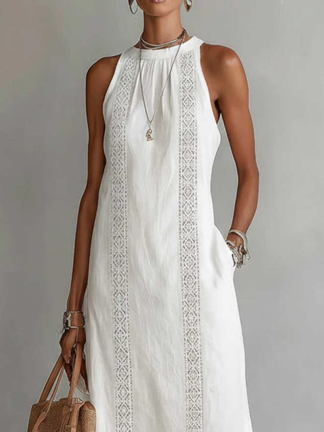 Ruth | Abito Maxi in Stile Lino con Collo Mao