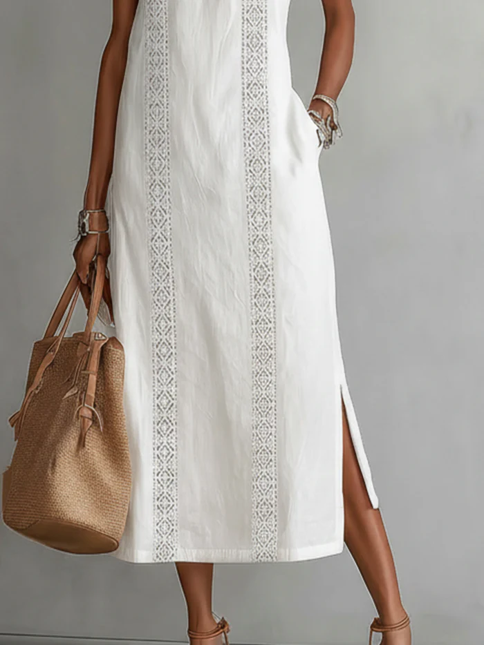 Bianca - Vestito midi in lino con collo mao