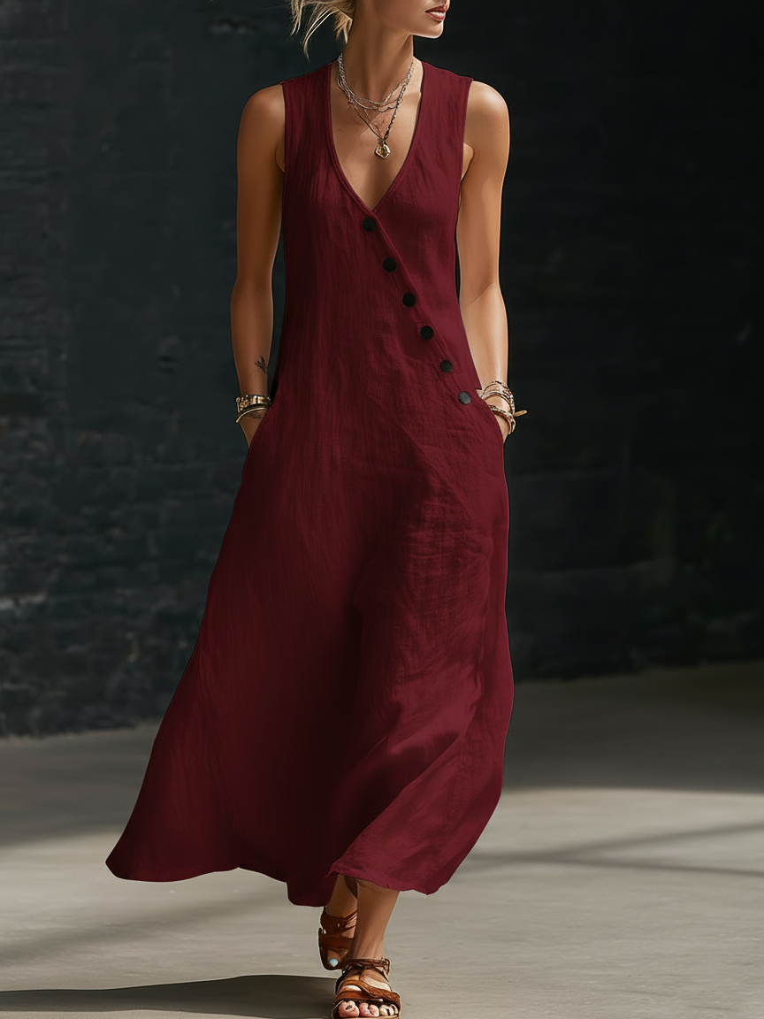 Graziella™ – Abito Maxi con Bottoni e Scollo a V