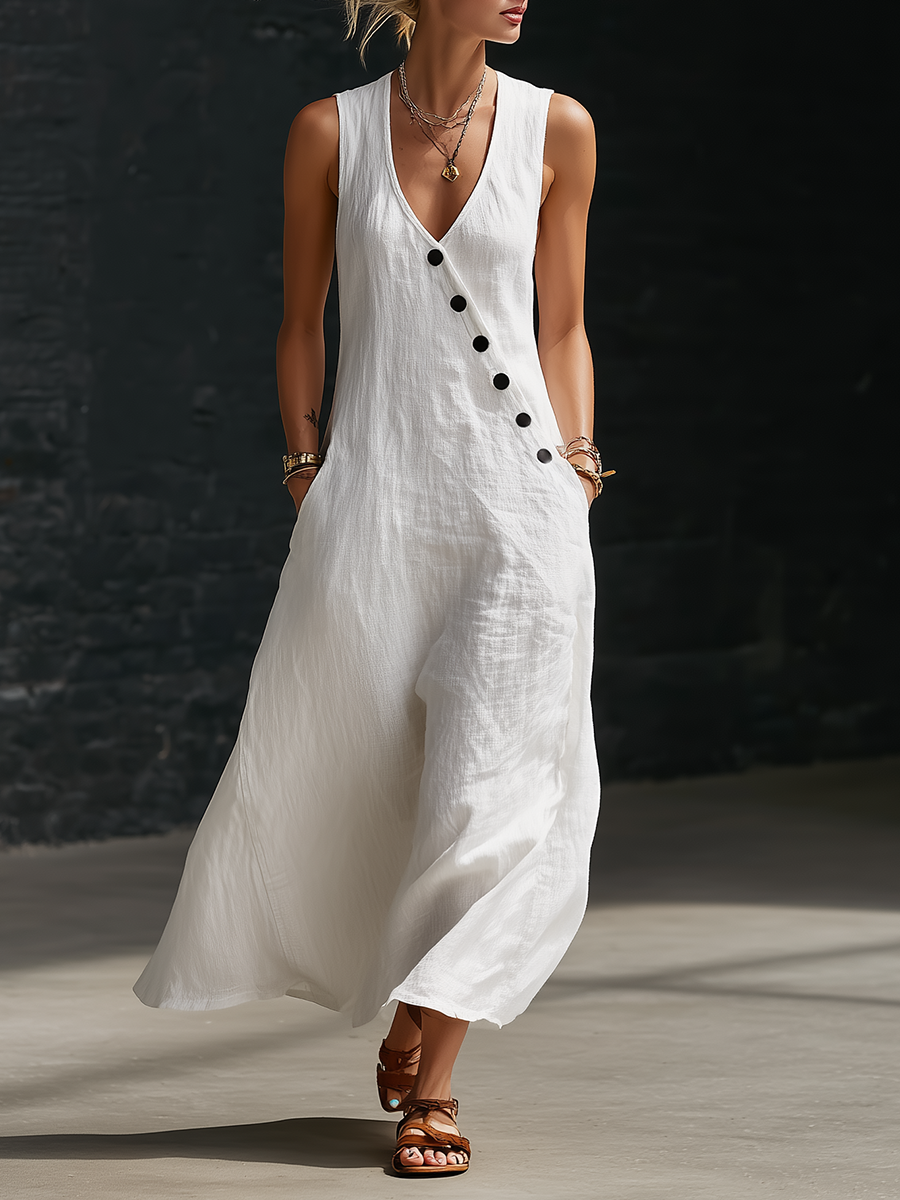 Graziella™ – Abito Maxi con Bottoni e Scollo a V