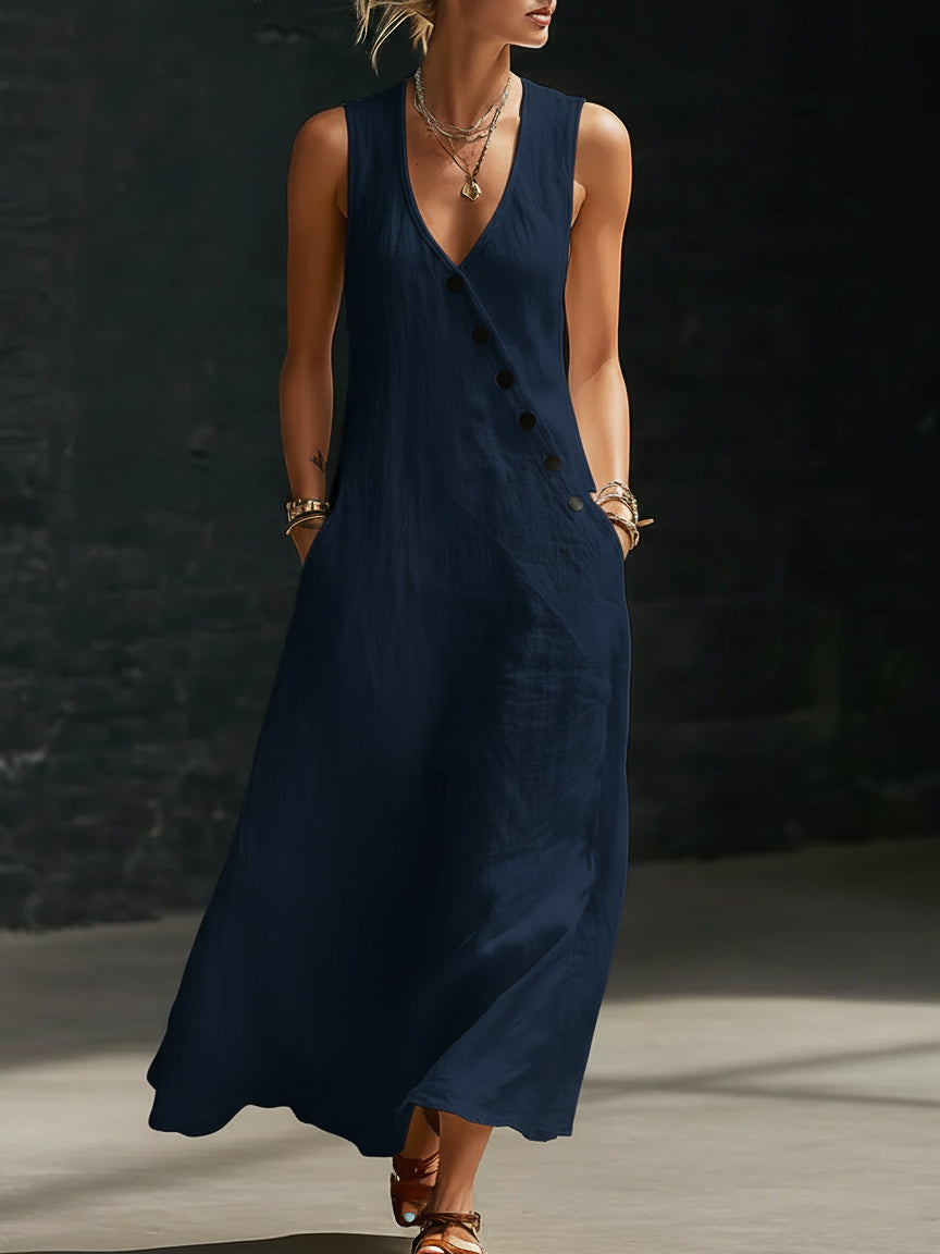 Graziella™ – Abito Maxi con Bottoni e Scollo a V