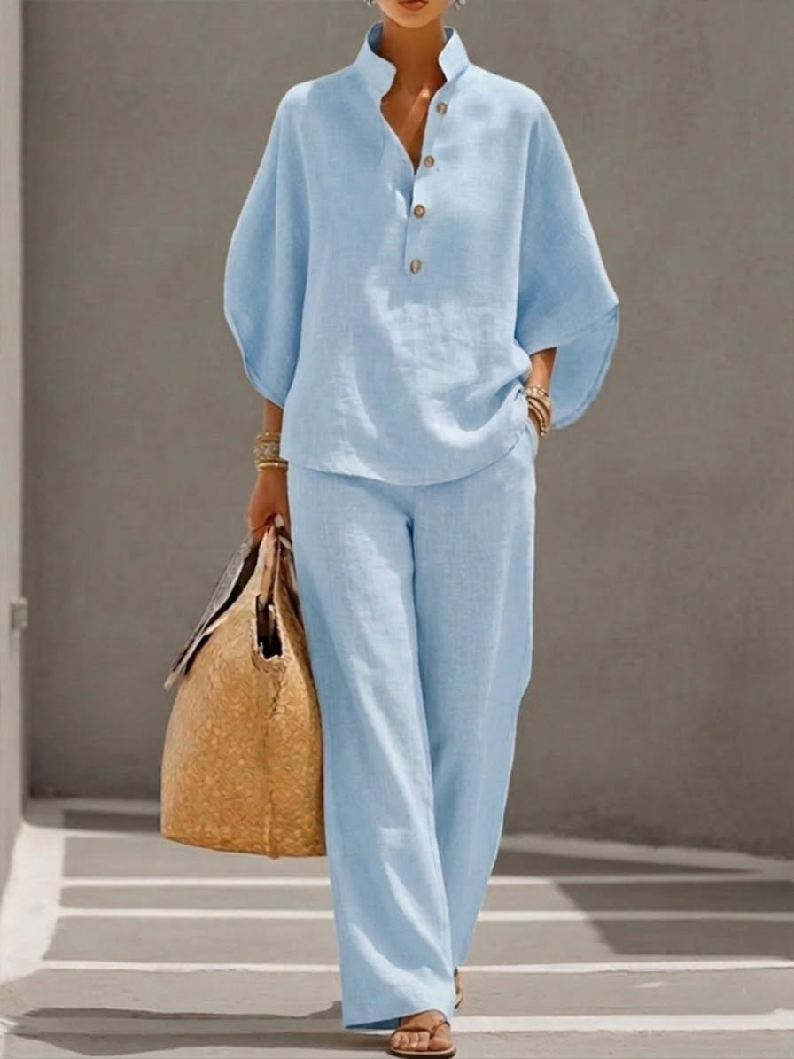 Mariel | Insieme Cotone Lino Maniche a Pipistrello Pantalone Largo