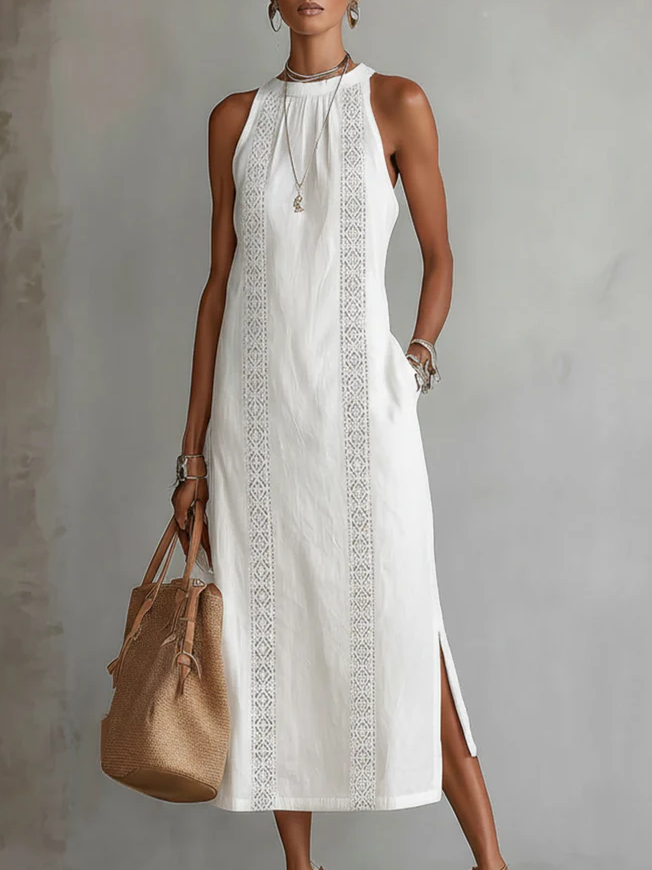 Ruth | Abito Maxi in Stile Lino con Collo Mao