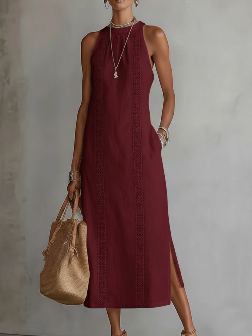 Bianca - Vestito midi in lino con collo mao