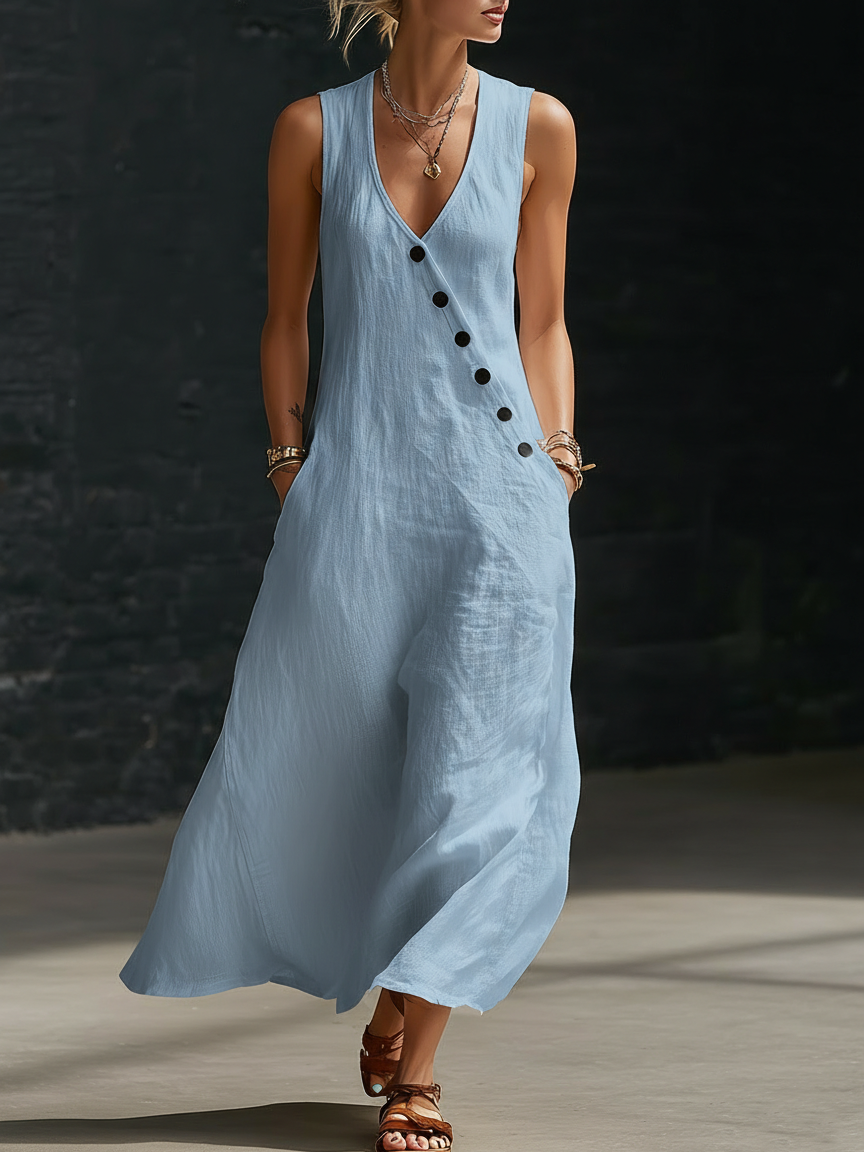Graziella™ – Abito Maxi con Bottoni e Scollo a V