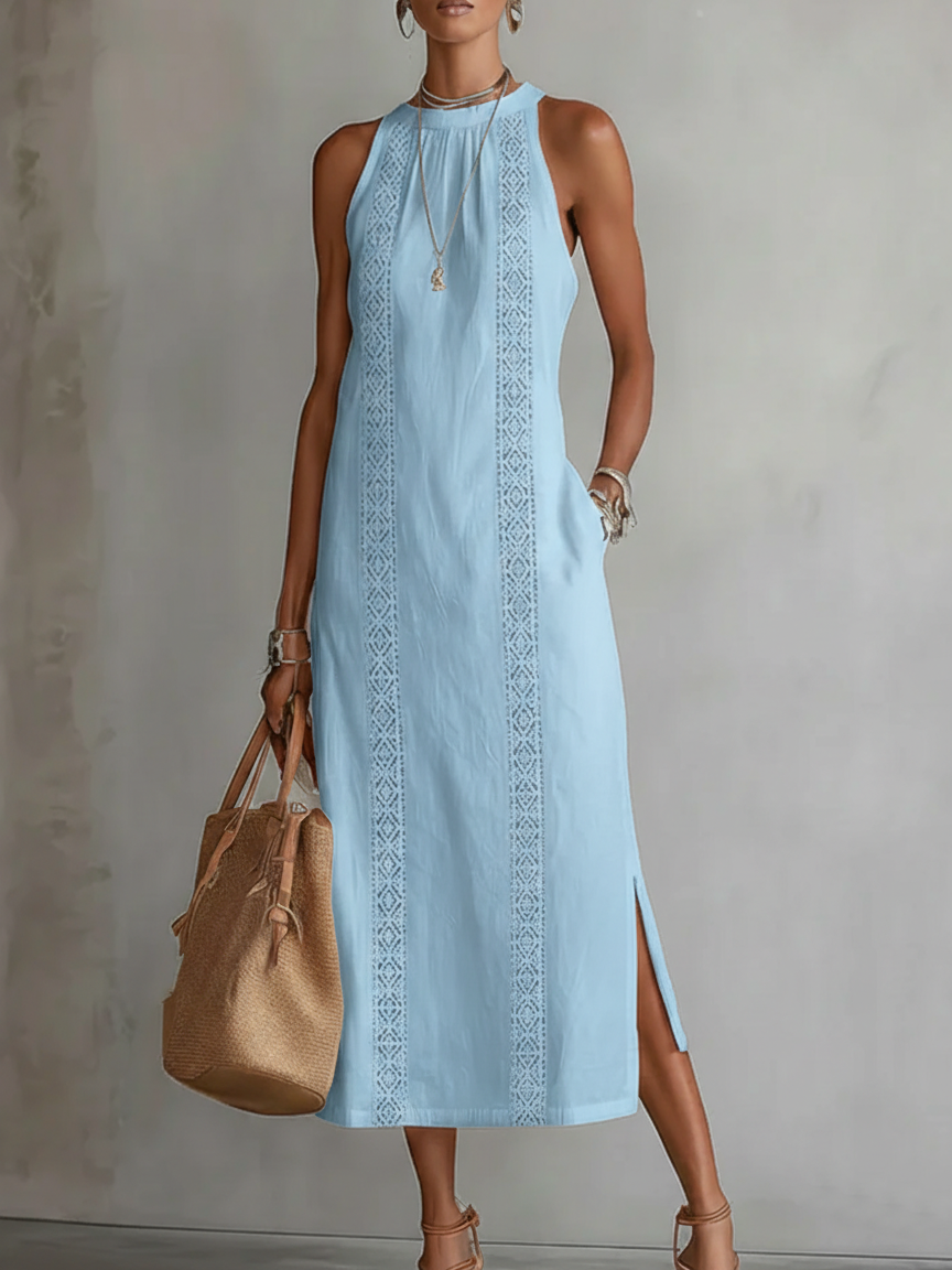 Bianca - Vestito midi in lino con collo mao