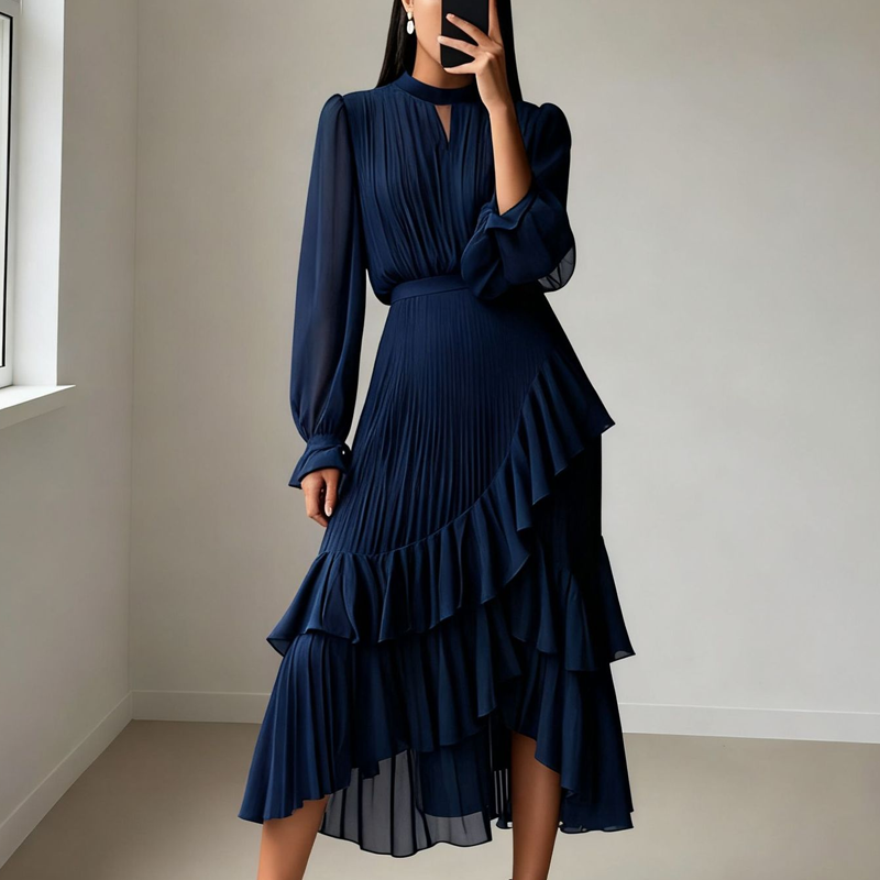 Mara - Vestido de primavera elegante medio plisado con volantes