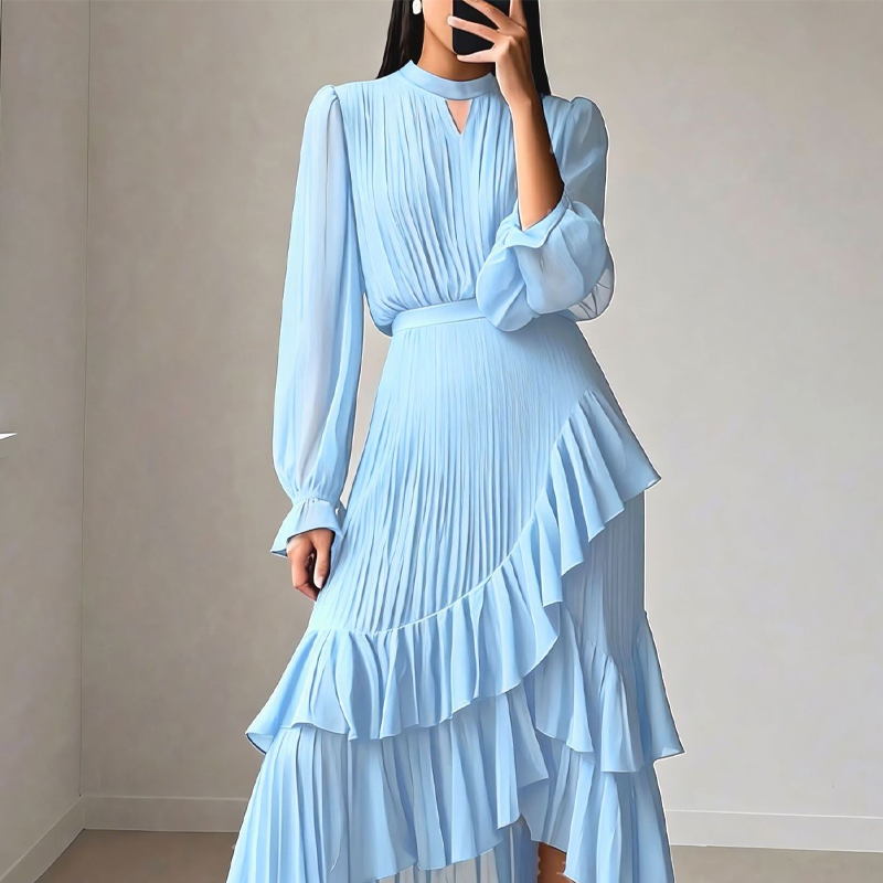 Mara - Vestido de primavera elegante medio plisado con volantes
