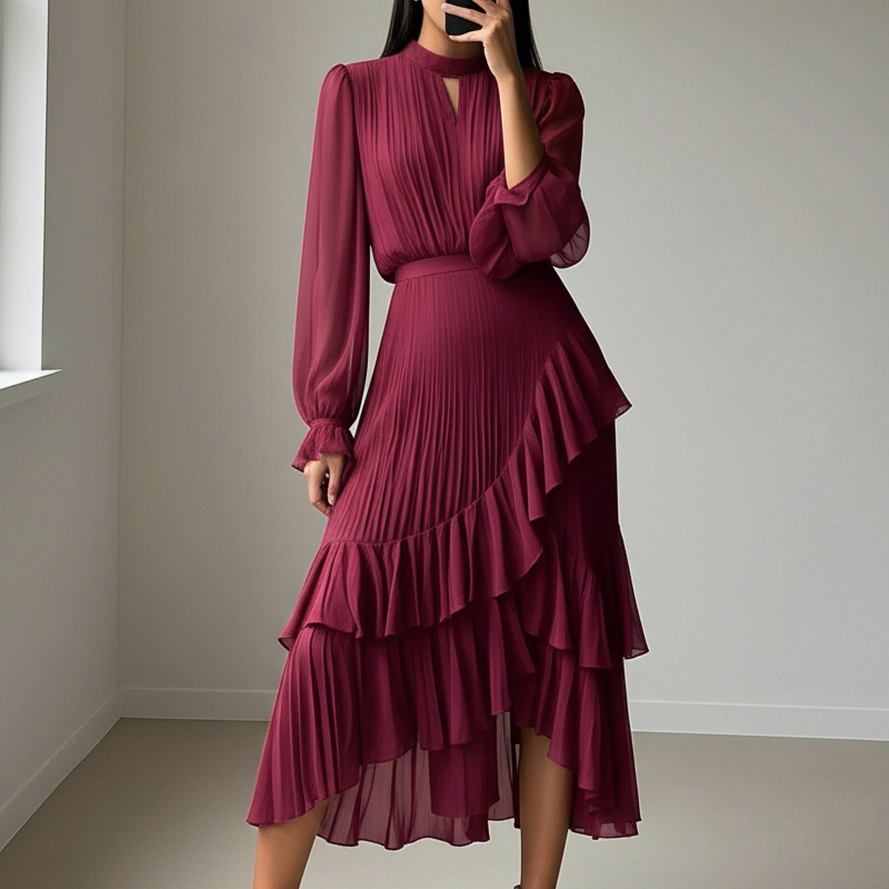 Mara - Vestido de primavera elegante medio plisado con volantes