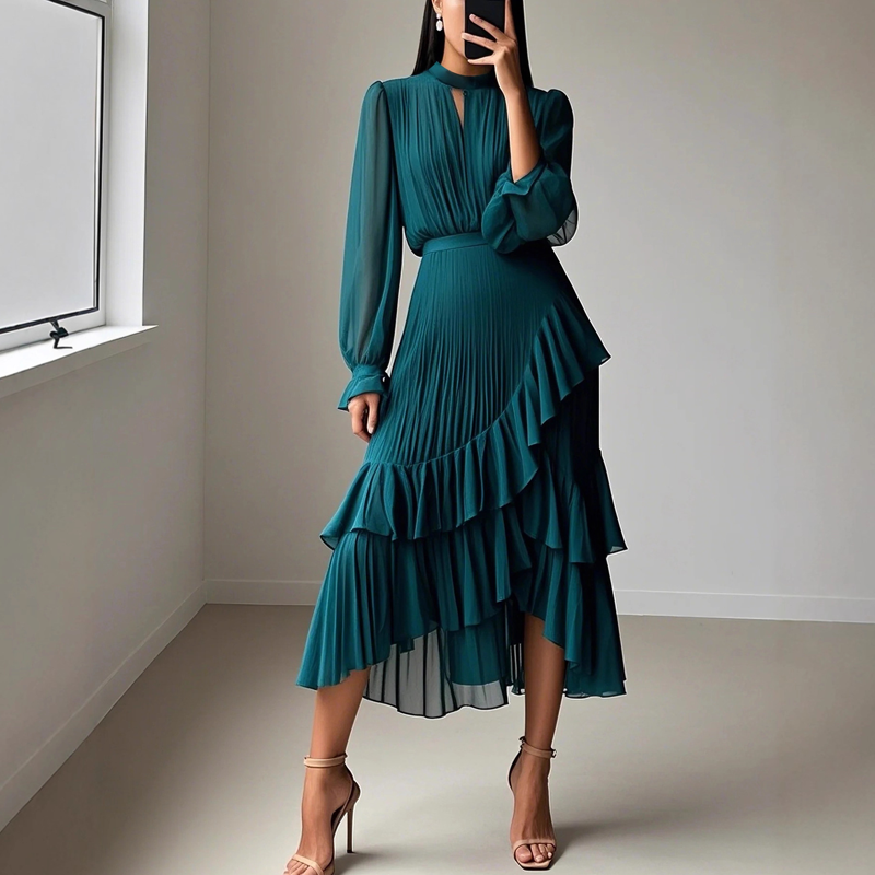 Mara - Vestido de primavera elegante medio plisado con volantes