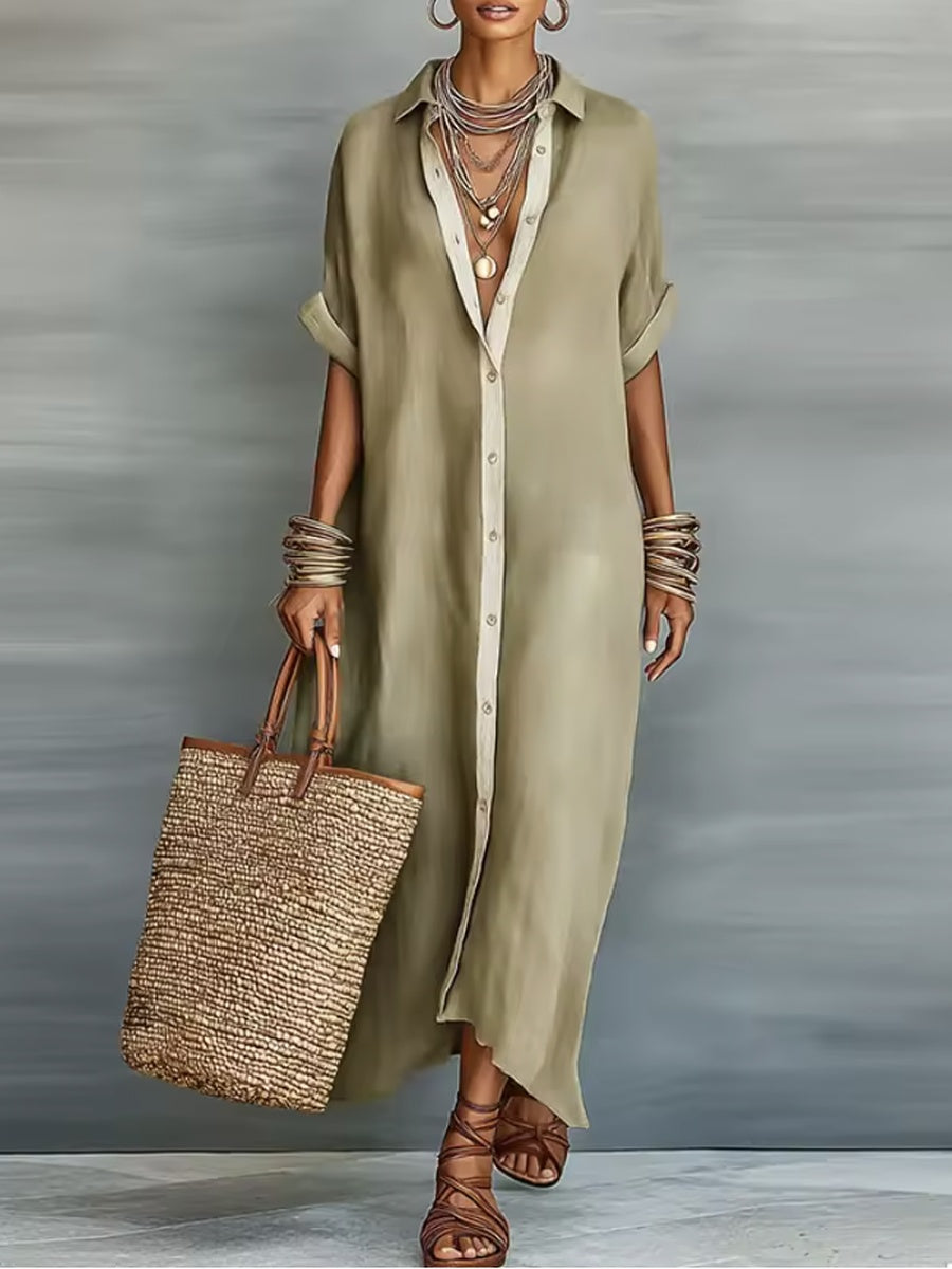 Manelle | Vestido Largo Verde Oliva con Líneas Minimalistas