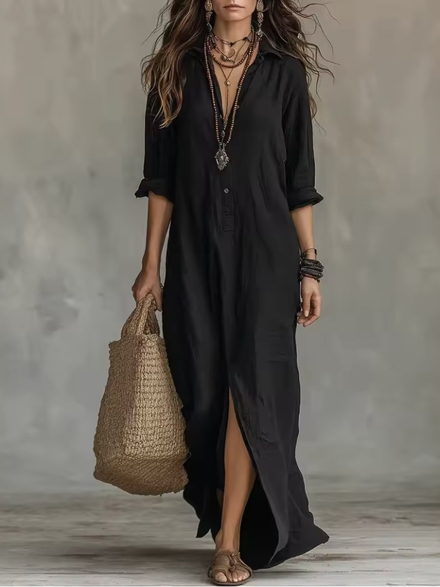 Soline | Vestido Largo Negro Amplio con Botones