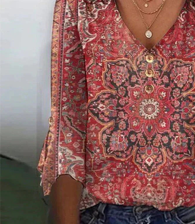 Arabella | Top V-Neck a Manica 3/4 con Stampa Rossa
